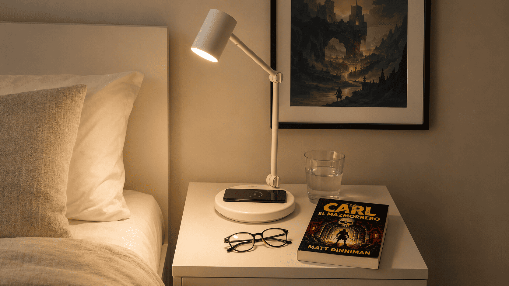 Lámpara IKEA NYMÅNE con cargador inalámbrico sobre una mesita de noche