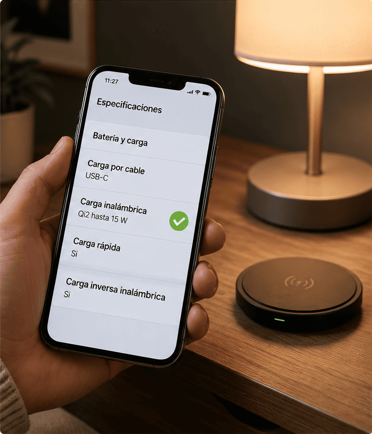Representación de un smartphone mostrando carga inalámbrica Qi2 en sus especificaciones junto a una base de carga