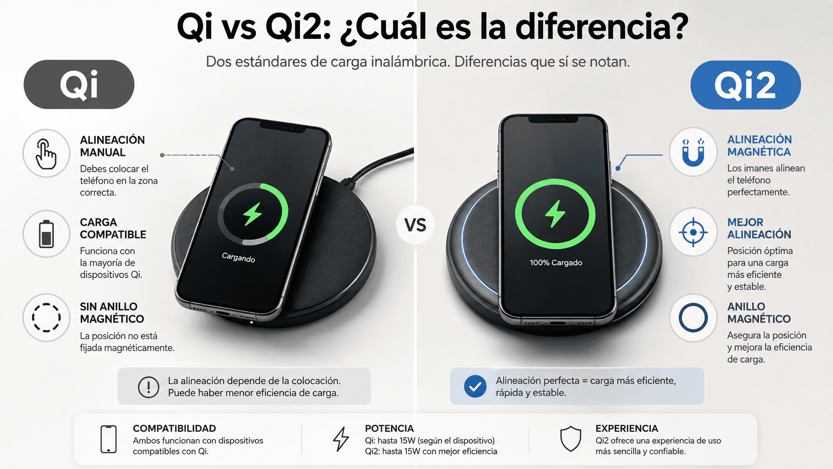 Comparación entre una base de carga inalámbrica Qi y una Qi2 con alineación magnética