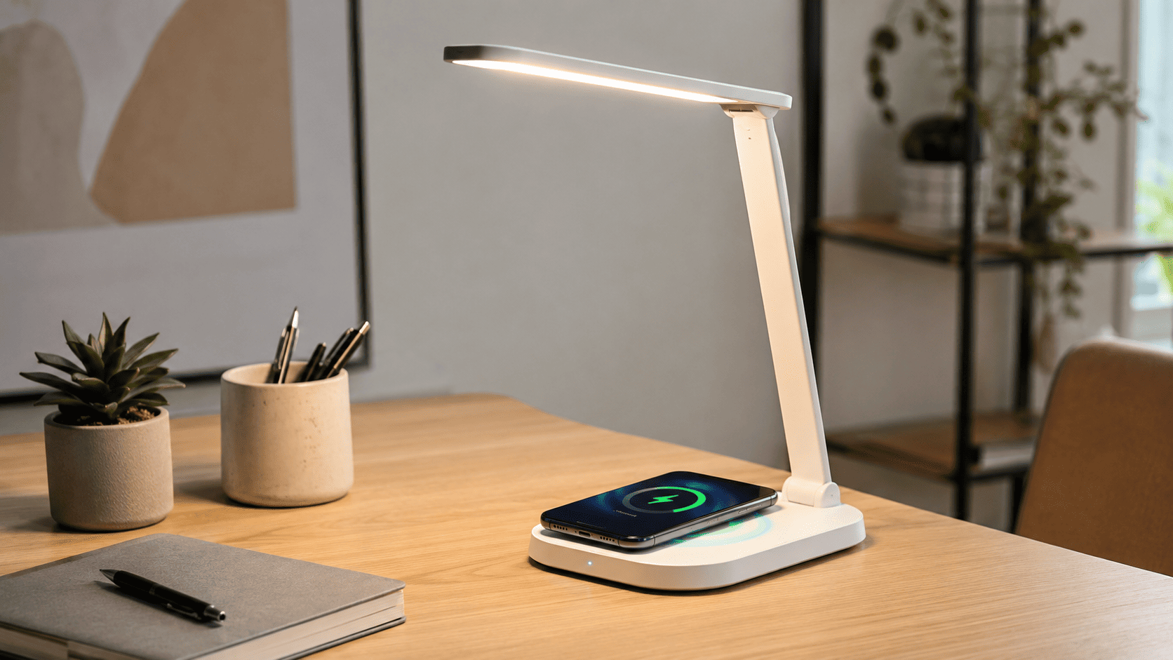 Lámpara de escritorio con cargador inalámbrico integrado Lámpara blanca de escritorio con smartphone cargándose de forma inalámbrica en la base