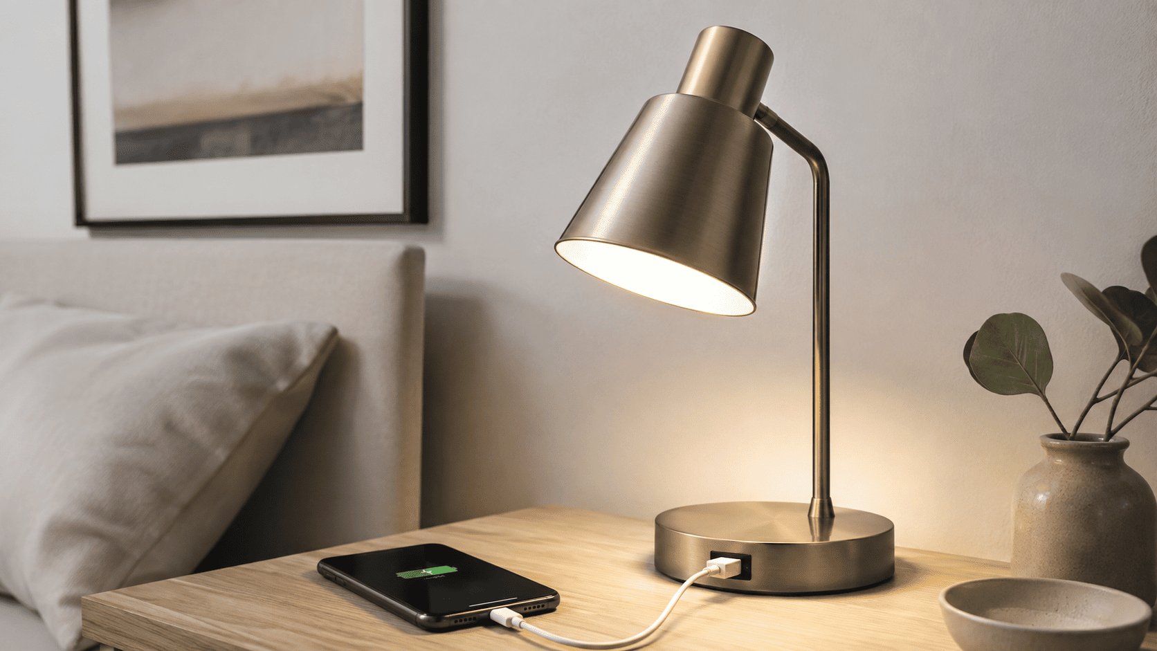 Lámpara con puerto USB para cargar el móvil Lámpara de mesa metálica con smartphone cargándose mediante cable USB conectado a la base