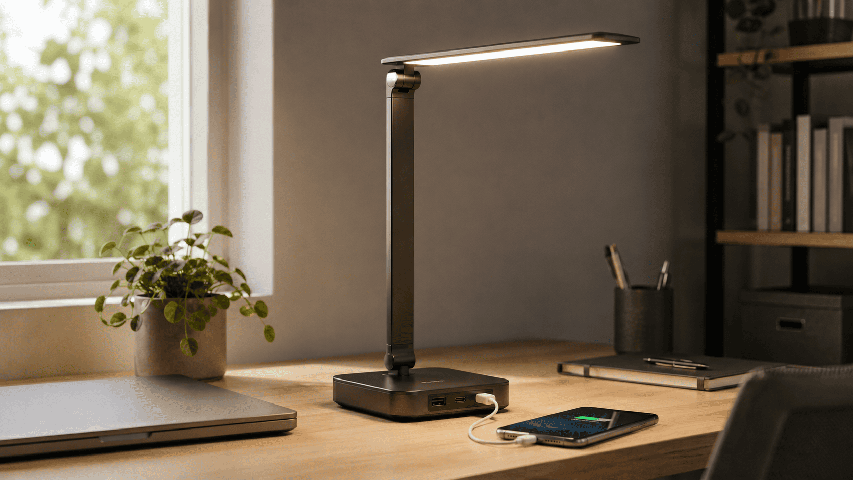 Lámpara de escritorio con puertos USB-A y USB-C cargando un smartphone