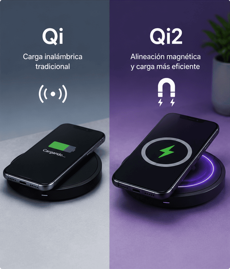 Comparación entre una base de carga Qi convencional y una Qi2 con alineación magnética