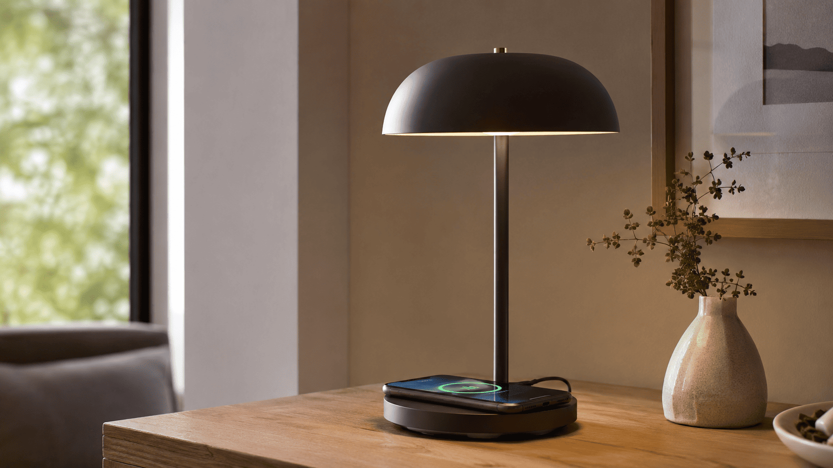 Smartphone cargándose de forma inalámbrica sobre la base de una lámpara moderna